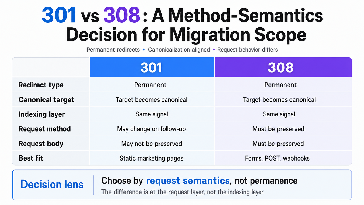 Visualize the comparison table of redirect status codes already present in this section, giving readers a scannable reference for permanence, method preservation, and canonicalization strength