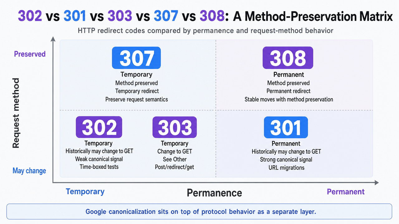 Visualize the two-axis comparison of the five HTTP redirect codes covered in this section, reinforcing the permanence and method-preservation matrix that the prose walks through