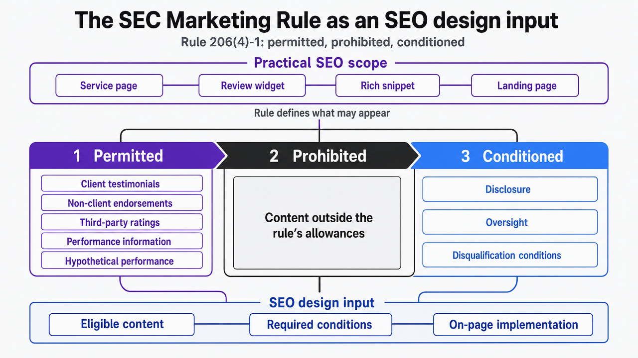 Visualize the Marketing Rule's three-part structure (permitted, prohibited, conditioned) as it applies directly to on-page SEO elements, mirroring the section's cited framework
