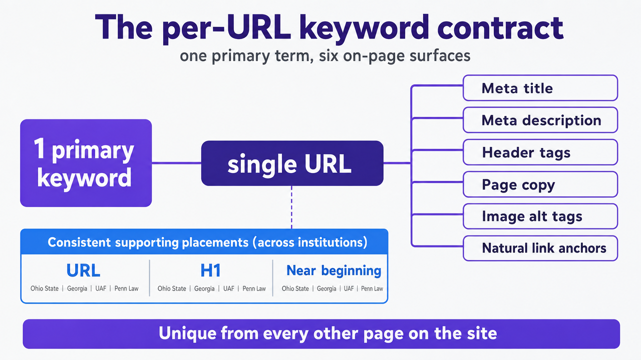 Visualize the core framework of the article: one primary keyword deployed across six on-page surfaces, which is the organizing model referenced throughout every subsequent section