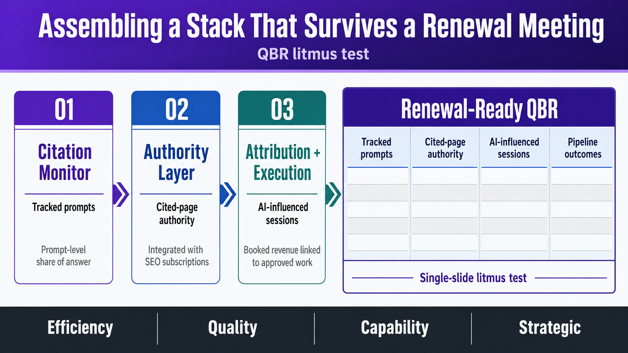 Summarize the article's closing litmus test as a single-slide QBR checklist infographic, showing the four required columns an AEO stack must produce