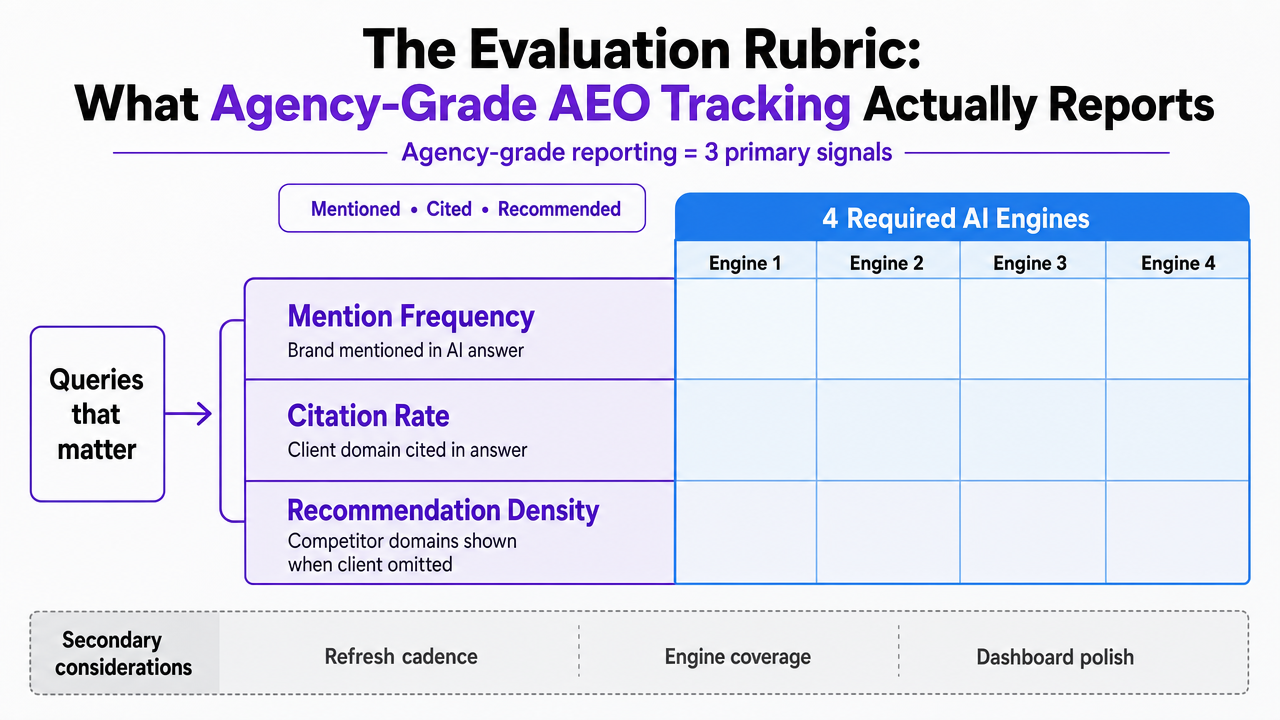 Visualize the three-metric KPI framework (mentions, citations, recommendation density) across the four required AI engines, matching the section's explicit definition of agency-grade reporting