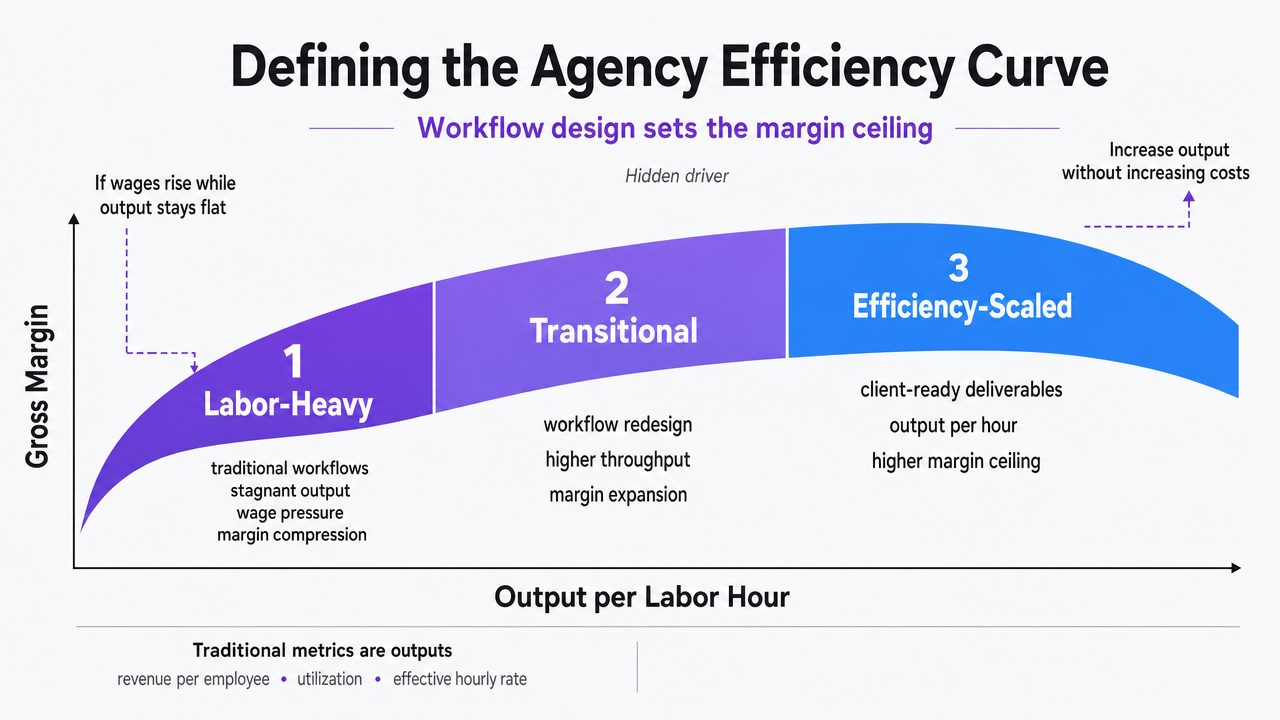 Visualize the three zones of the efficiency curve framework introduced in this section, showing how workflow design determines margin ceiling
