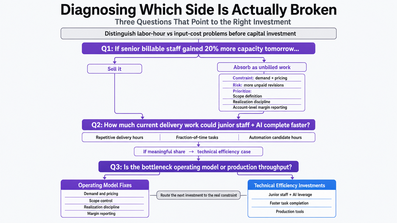 Visualize the three diagnostic questions as a decision framework that routes owners toward either operating model fixes or technical efficiency investments, directly supporting the section's diagnostic workflow