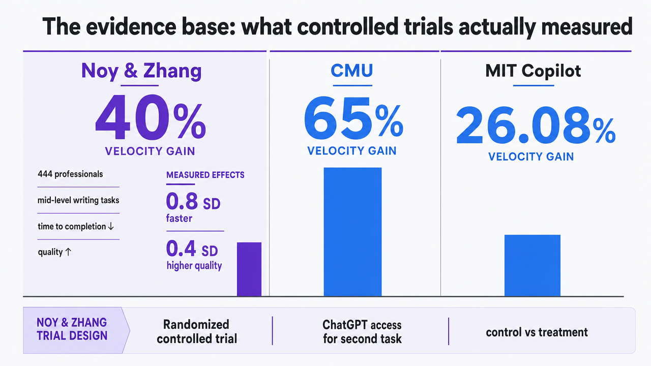 Compare the three sourced velocity gain benchmarks discussed across the subsections (Noy & Zhang 40%, CMU 65%, MIT Copilot 26.08%) which are explicitly cited in nearby prose
