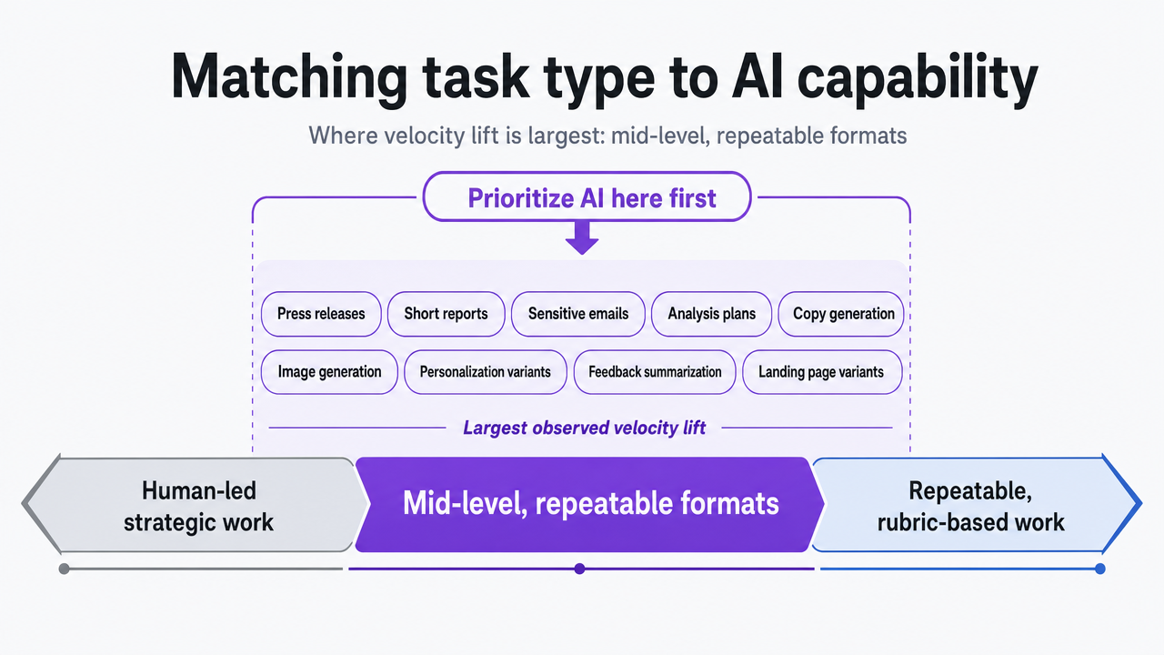 Visualize the task-fit matrix described in prose, distinguishing high-lift repeatable formats from human-led strategic work