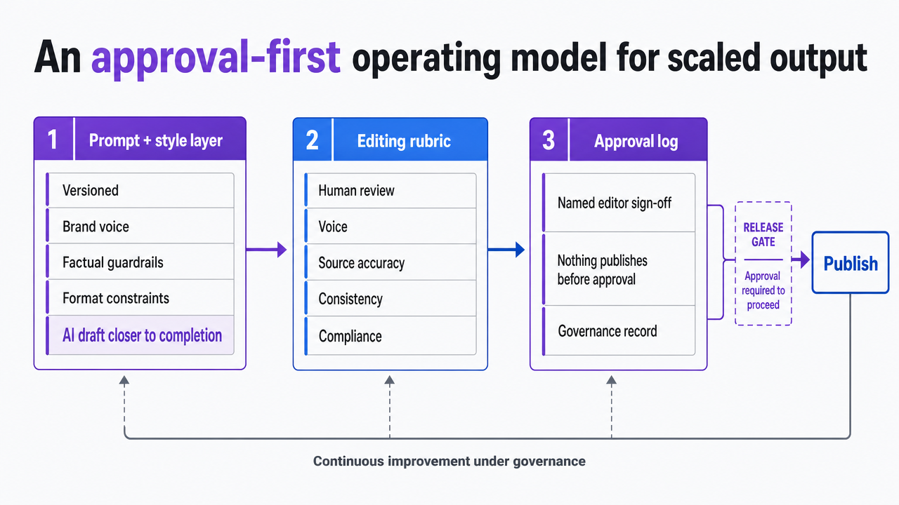 Visualize the three-component operating model workflow described in the section (prompt/style layer → editing rubric → approval log)