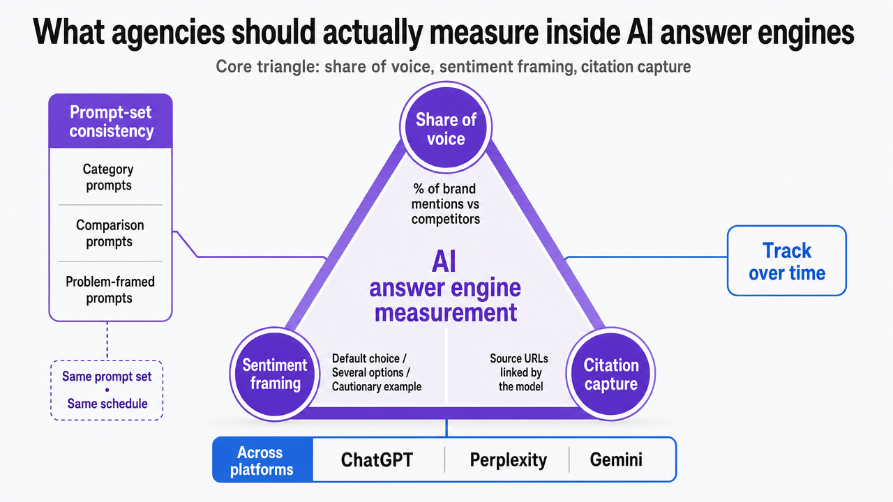 Visualize the three-pillar measurement framework introduced in this section: share of voice, sentiment framing, and citation capture, which the article explicitly frames as the core triangle
