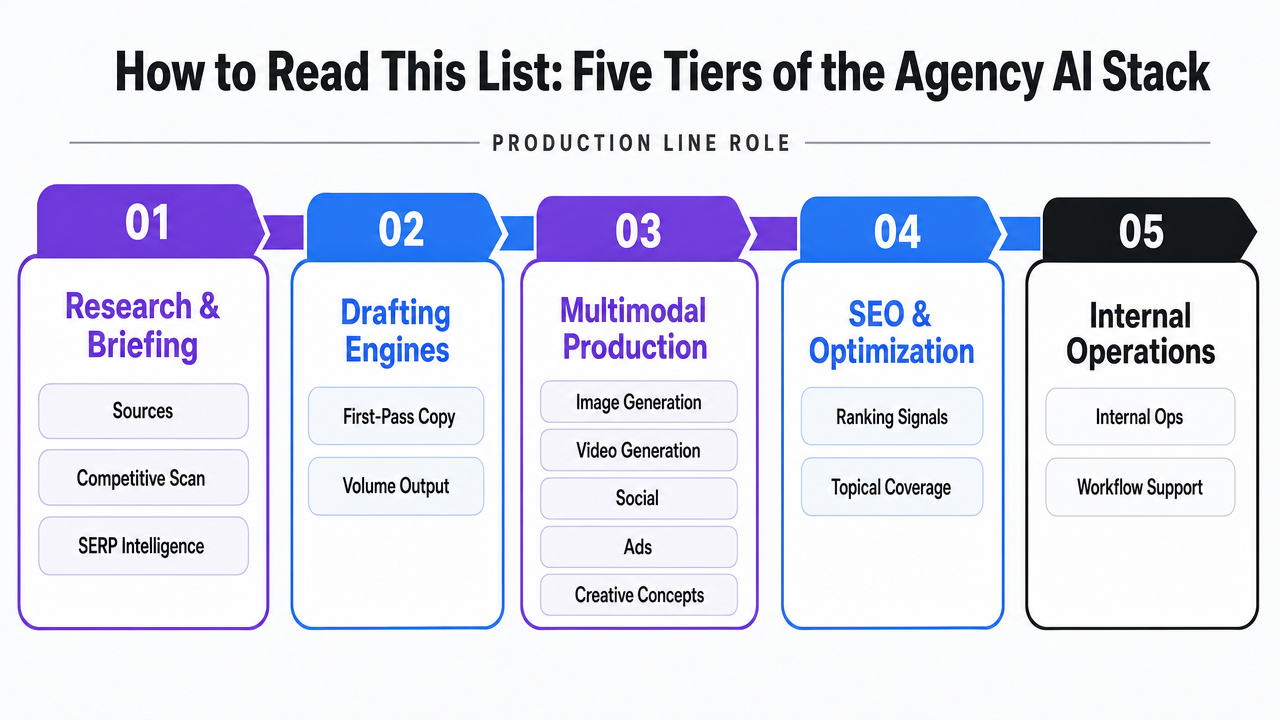 Visualize the five-tier agency AI stack framework introduced in this section, mapping tool categories to their role in the production line
