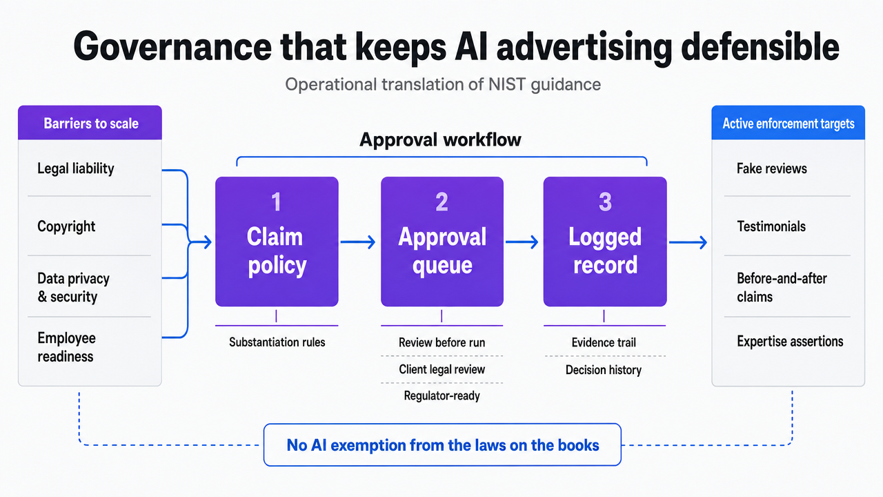 Visualize the three-artifact governance stack (claim policy, approval queue, logged record) described in the section as the operational translation of NIST guidance