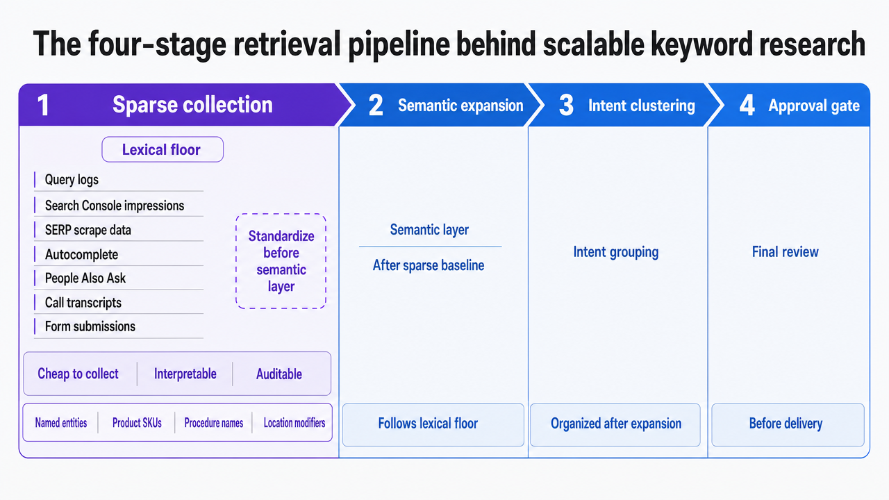 Visualize the four-stage pipeline described in the section (sparse collection, semantic expansion, intent clustering, approval gate) as a horizontal process flow with the key constraints at each stage