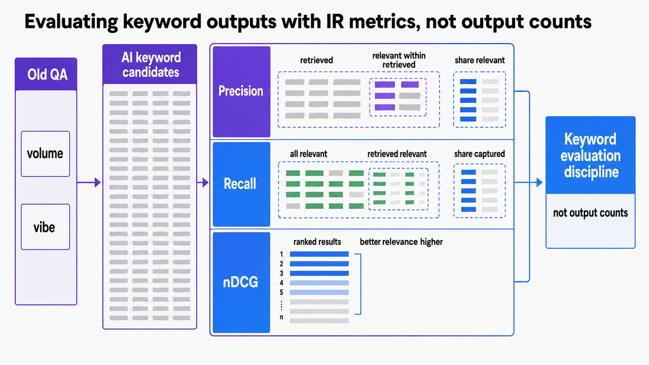 Translate the three IR metrics (precision, recall, nDCG) into a comparison framework showing what each measures in the keyword workflow context, as described in the section