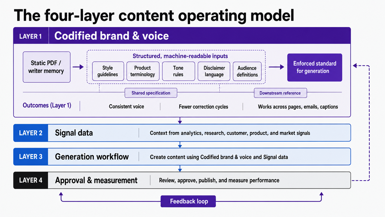 Visualize the four-layer content operating model that structures the entire article, showing how codified brand, signal data, generation workflow, and approval/measurement layers stack and connect