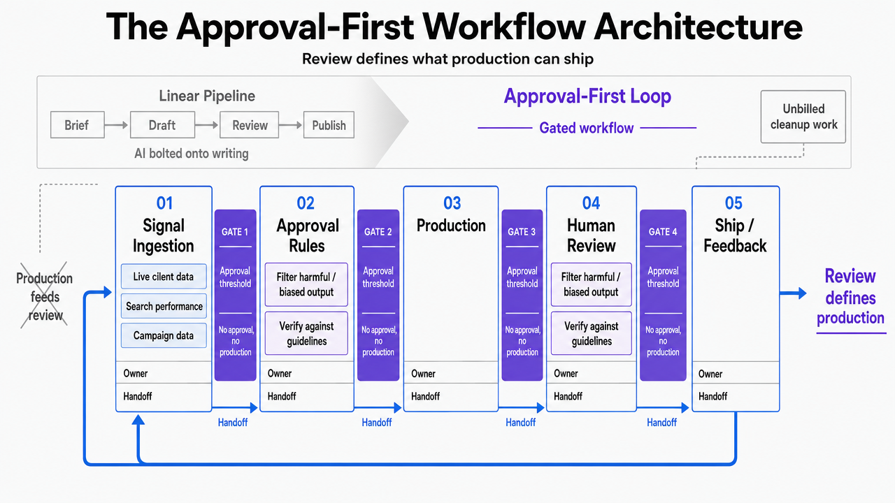 Visualize the five-stage approval-first production loop described in the section, showing the inversion from linear pipeline to gated workflow