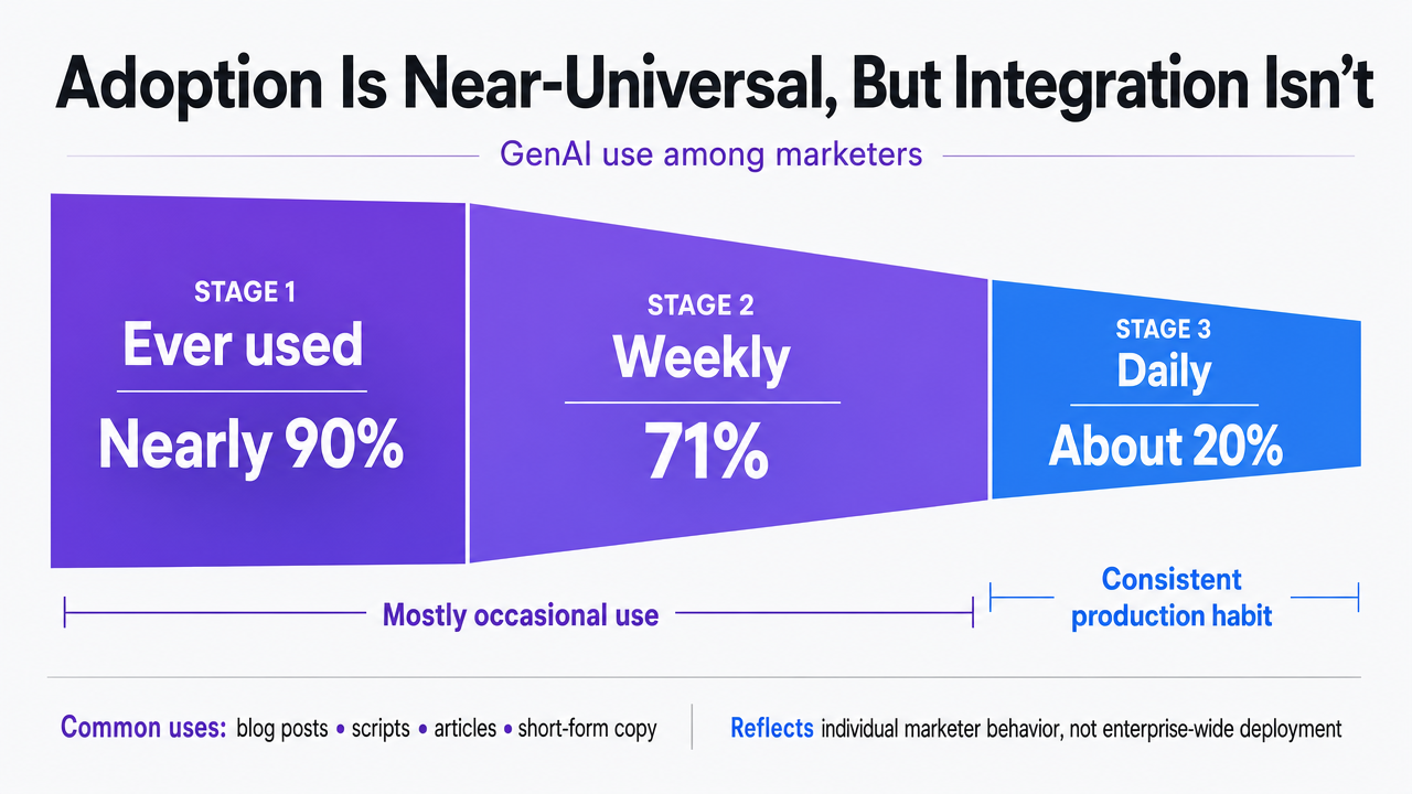 Visualize the adoption depth gap between marketers who have ever used, weekly use, and daily use of GenAI, directly supporting the section's core argument that individual experimentation outpaces true workflow integration