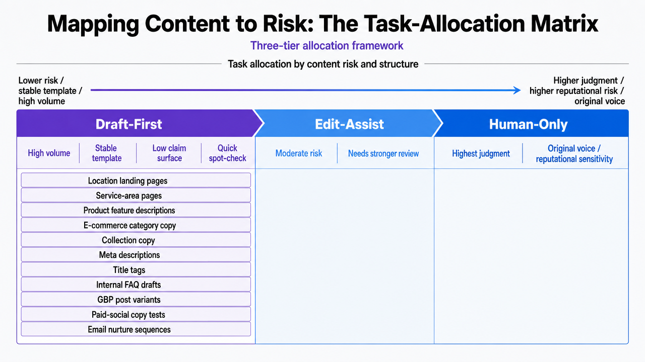 Visualize the three-tier allocation framework (draft-first, edit-assist, human-only) that structures the entire section, showing content categories mapped to each tier
