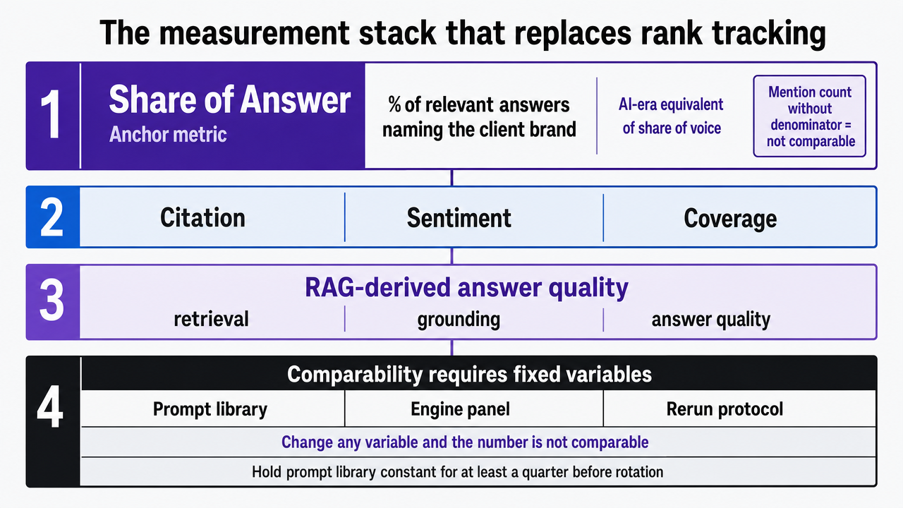 Process infographic visualizing the four-layer measurement stack described in the section: Share of Answer, citation/sentiment/coverage, and RAG-derived answer quality