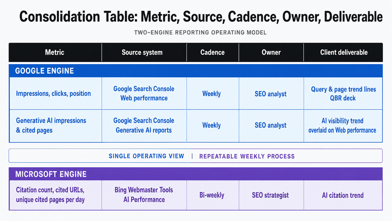 Visualize the two-engine reporting operating model side by side, showing Google and Microsoft sources mapped to metrics, cadence, and owners as described in the section's table