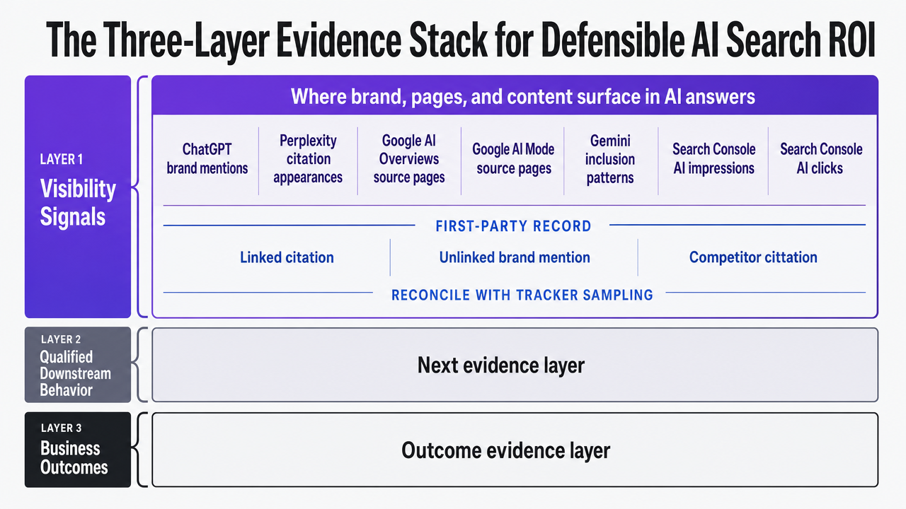 Visualize the three labeled evidence layers described in this section (visibility signals, qualified downstream behavior, business outcomes) as a stacked framework so the reader can hold the model in mind for the rest of the article