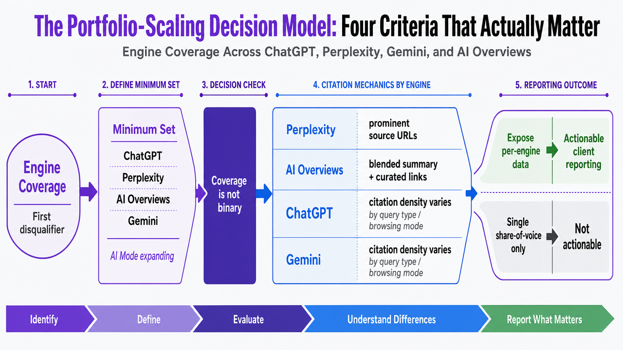 Process infographic visualizing the four decision criteria as a framework for evaluating AI visibility tools