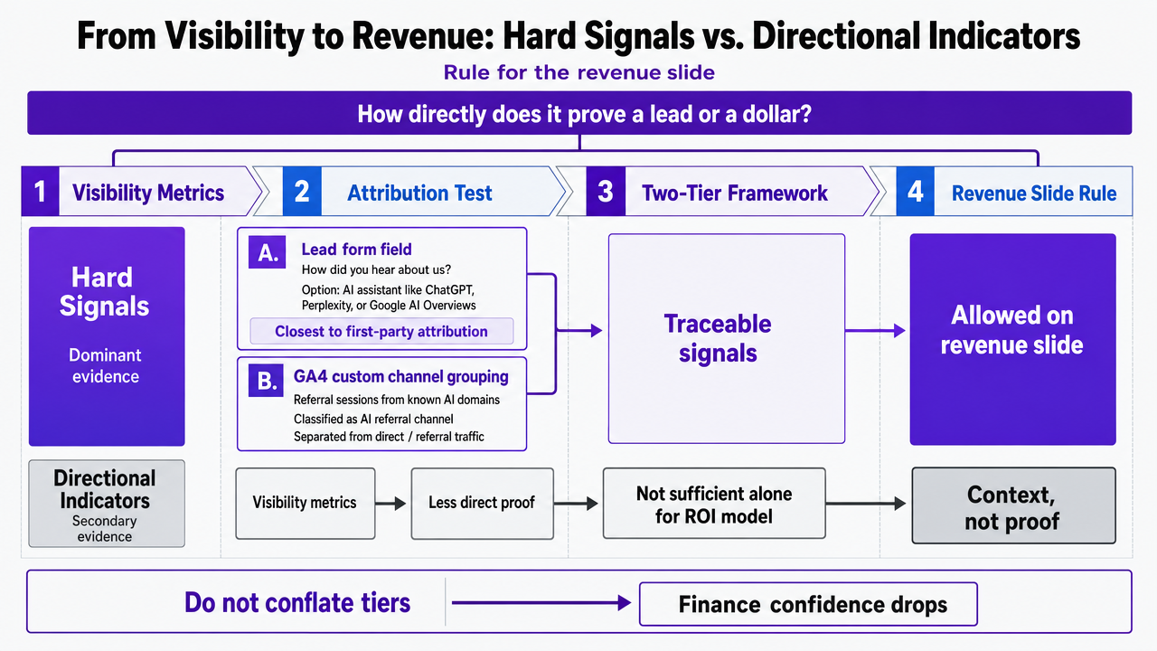 Show the two-tier attribution framework (hard signals vs directional indicators) explicitly described in the section as the rule for the revenue slide