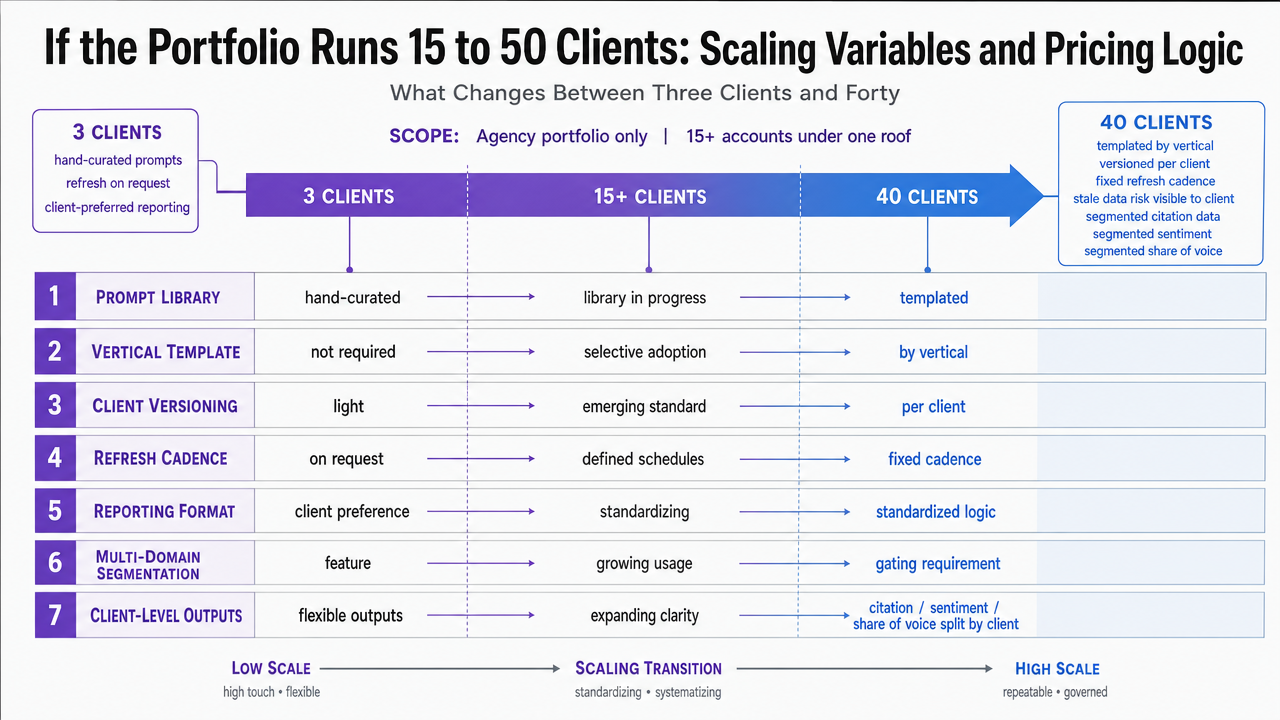 Present the seven per-client configuration variables from the framework table as a scannable visual reference, reinforcing the operational planning skeleton the section provides