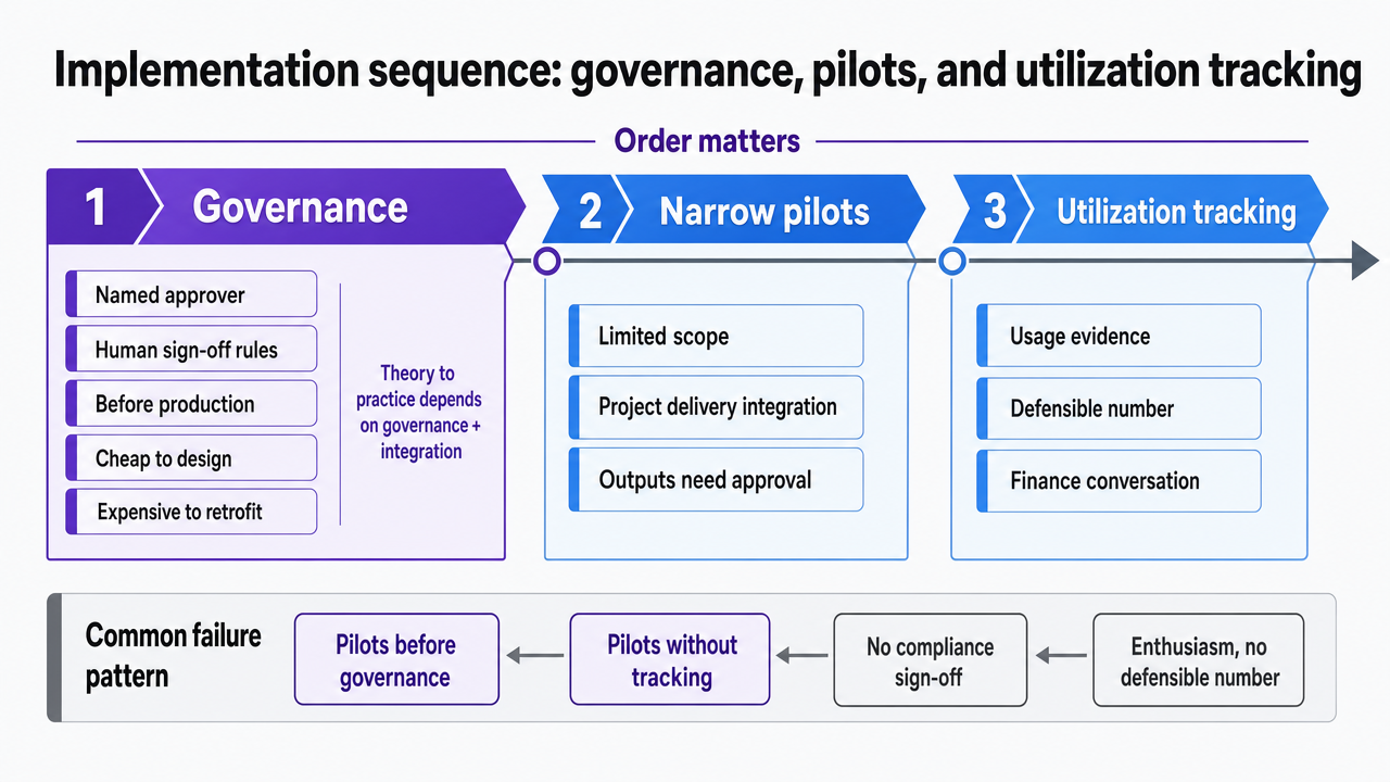 Visualize the three-phase rollout sequence described in the section, reinforcing the ordering rule (governance first, pilots second, tracking third)