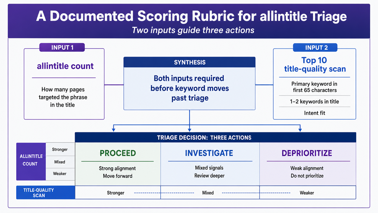 Visualize the two-input, three-action triage framework (allintitle count + top 10 title-quality scan mapping to Proceed, Investigate, Deprioritize) that the section explicitly defines
