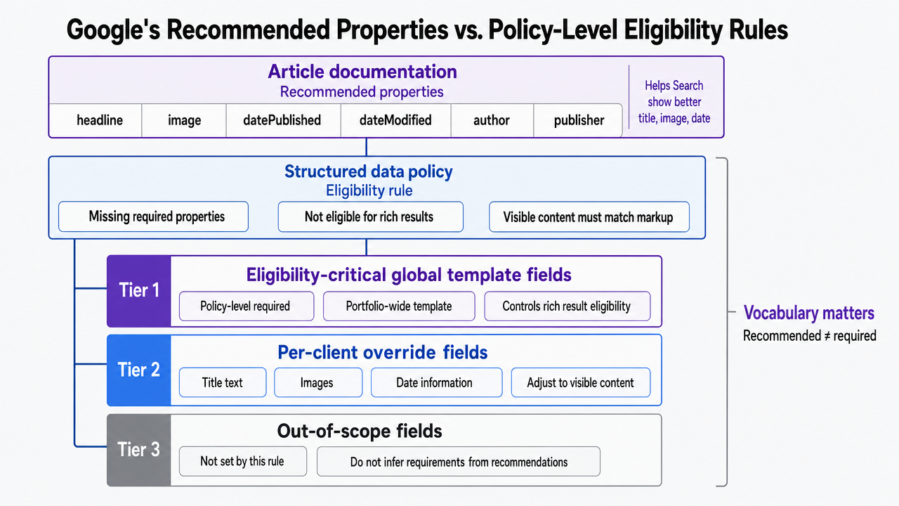Map Article properties into three governance tiers as described in the section prose: eligibility-critical global template fields, per-client override fields, and out-of-scope fields