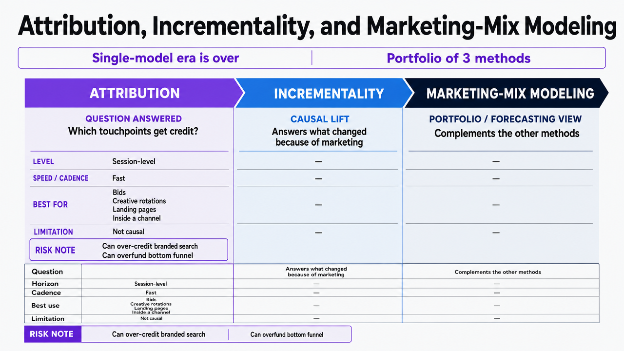 Comparison infographic of the three measurement methods, their questions answered, time horizons, and cadence — all directly described in the section