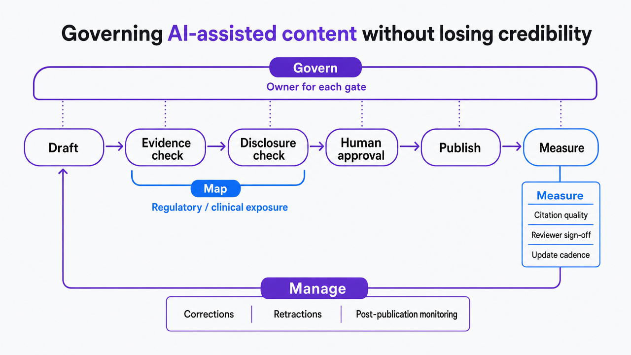 Visualize the cited NIST AI RMF approval loop (draft, evidence check, disclosure check, human approval, publish, measure) mapped to govern/map/measure/manage functions described in the section