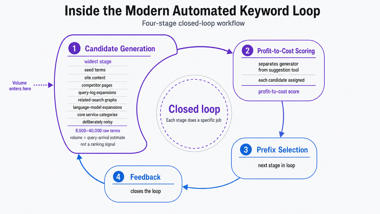 Visualize the four-stage closed-loop workflow (candidate generation, profit-to-cost scoring, prefix selection, feedback) that structures this section, since the section explicitly walks through each stage in sequence