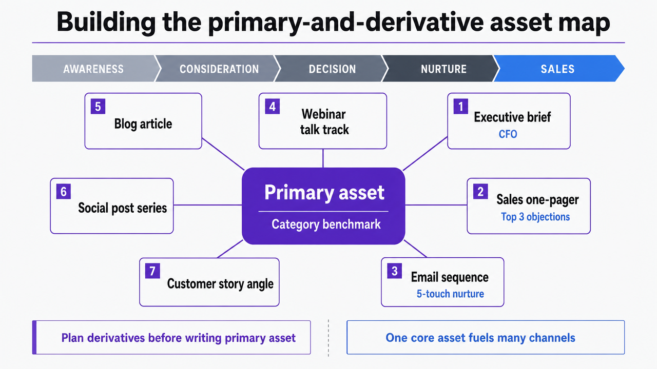 Visualize the primary-and-derivative content model described in this section, showing how one pillar asset radiates into seven specific derivatives across audience roles and journey stages