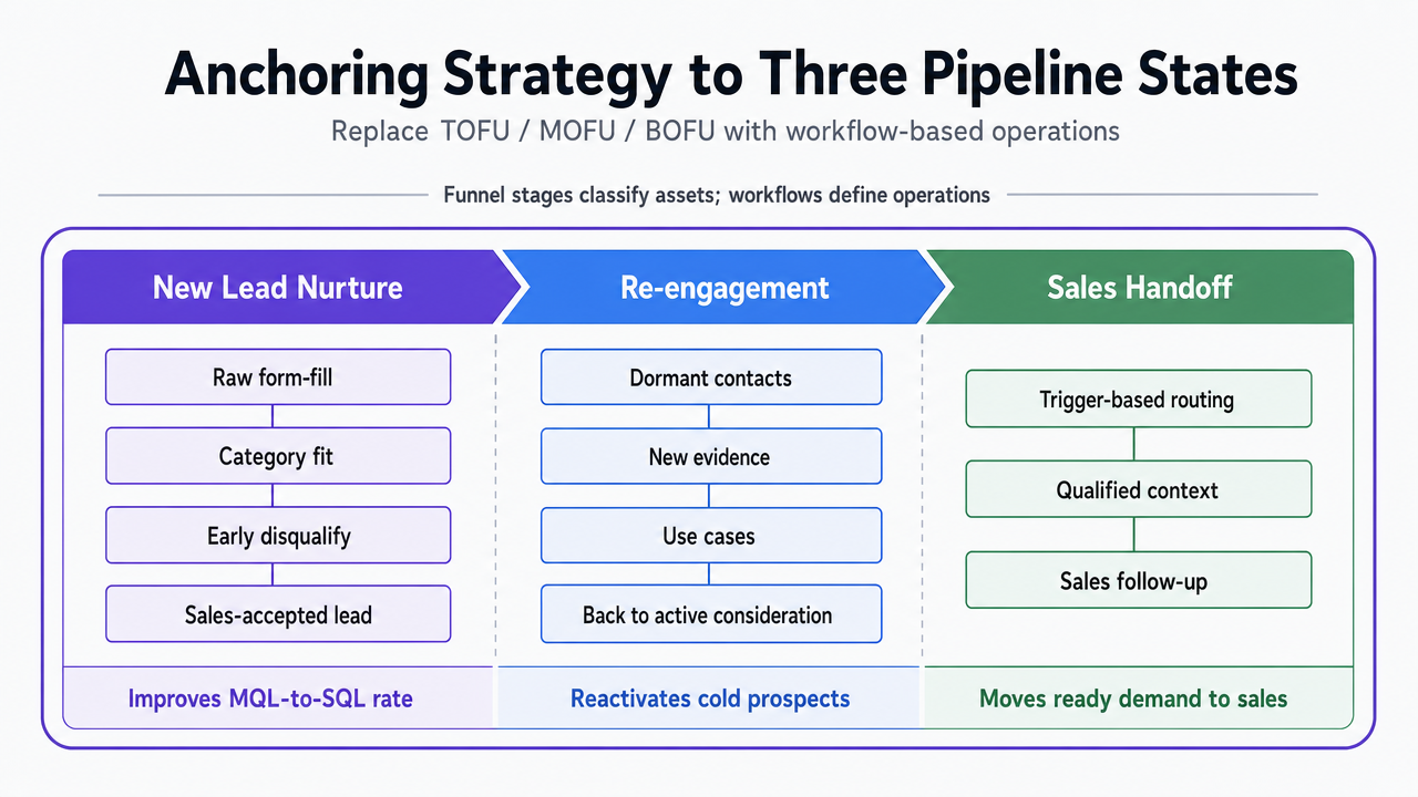 Visualize the three-workflow operating model that replaces TOFU/MOFU/BOFU, since this section defines the framework explicitly