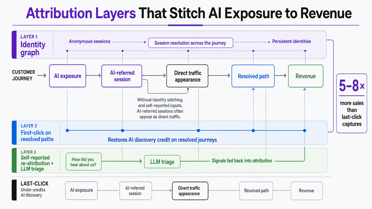Process infographic depicting SegmentStream's three-layer attribution framework (identity graph, first-click on resolved paths, self-reported re-attribution with LLM triage) cited in this section