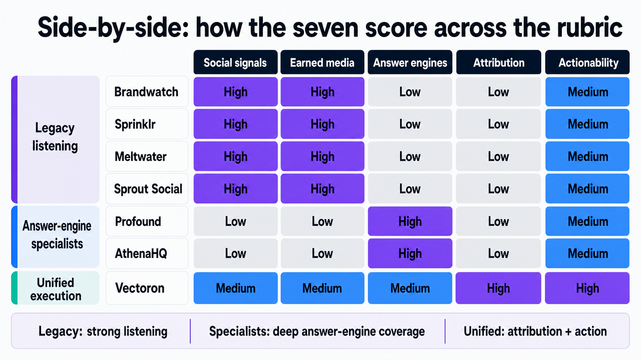Comparison matrix visualizing how each of the seven trackers scores across the five rubric criteria, directly supporting the side-by-side section