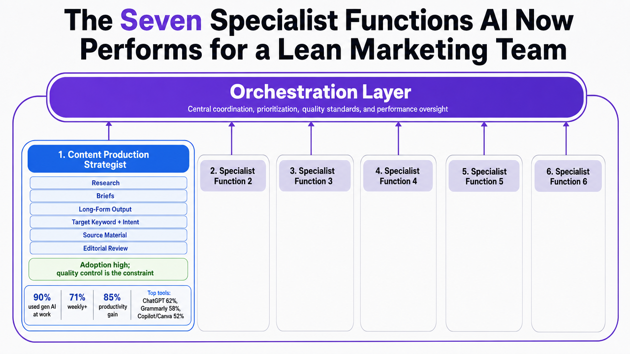 Visualize the seven specialist functions described in this section as a coordinated operating model, with the orchestration layer governing the six specialist functions that feed it