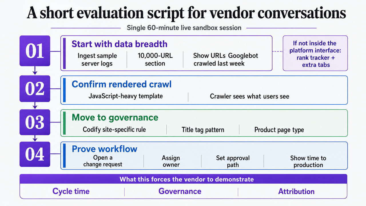 Convert the four-step vendor evaluation script into a sequential process infographic that a VP can bring into a demo session