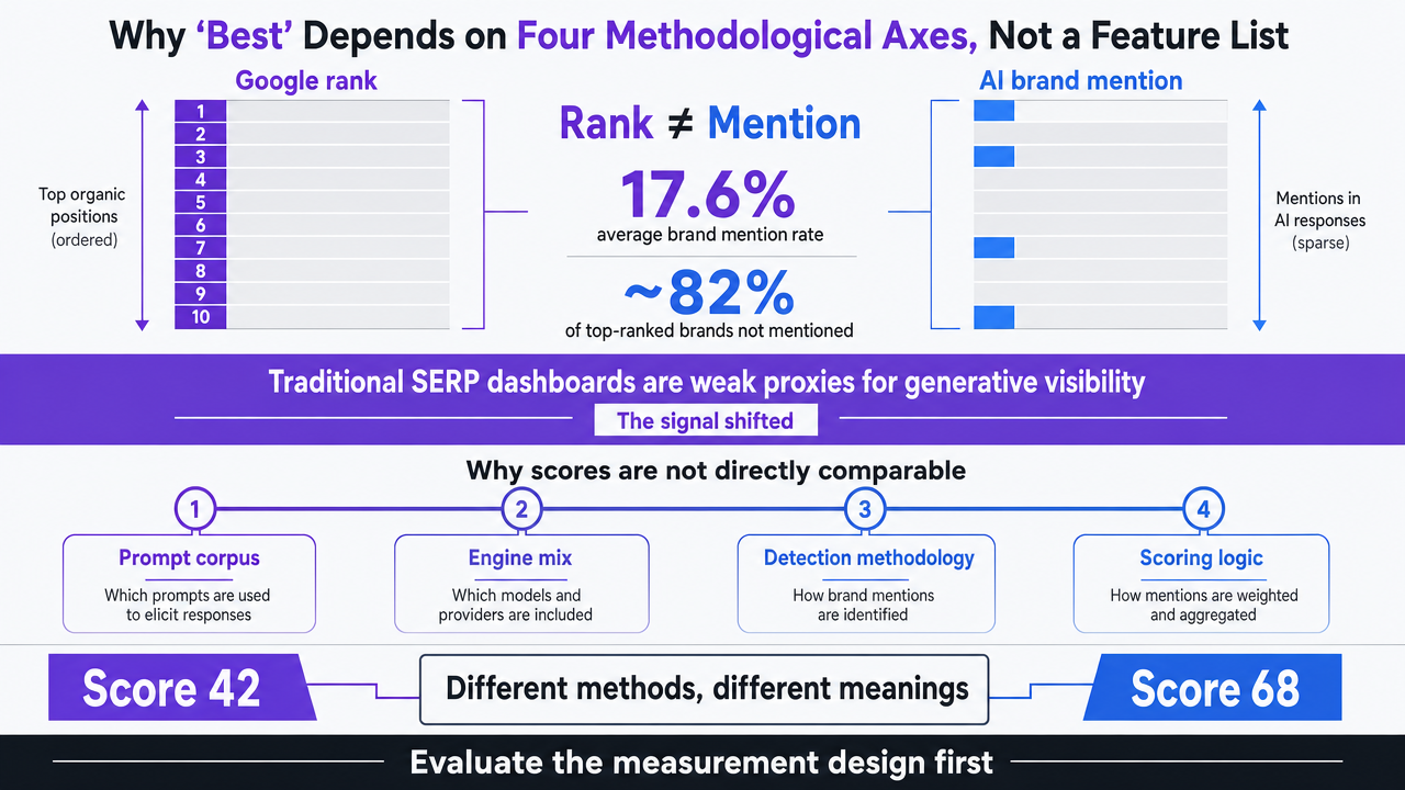 Visualize the core measurement gap between traditional Google rankings and AI brand mentions, which anchors the entire article's argument for why dedicated visibility checkers matter