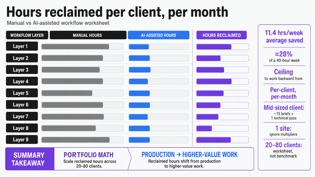 Turn the section's per-layer manual vs AI-assisted hours table into a scannable comparison, reinforcing the 11.4 hours/week and 5–15% productivity figures cited nearby