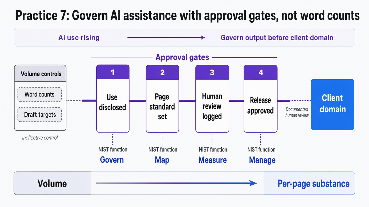 Visualize the four sequential approval gates the section prescribes for governing AI-assisted SEO drafts, mapped to NIST's control set