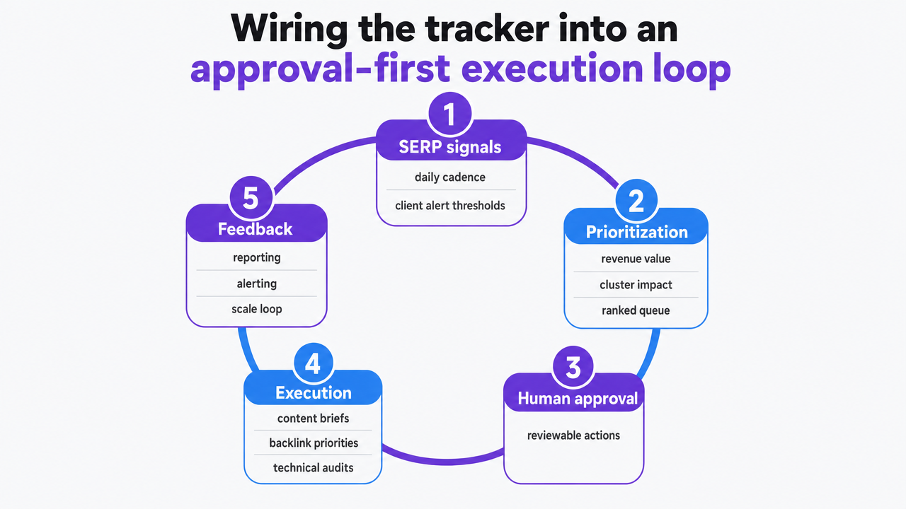 Visualize the four-stage loop described in the section (SERP signals → prioritization → human approval → execution → feedback) since this is a process flow explicitly enumerated in the prose