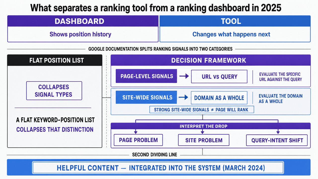 Visualize the framework distinguishing a ranking dashboard from a ranking tool, using the two signal categories Google documents and the March 2024 Helpful Content integration referenced in the section