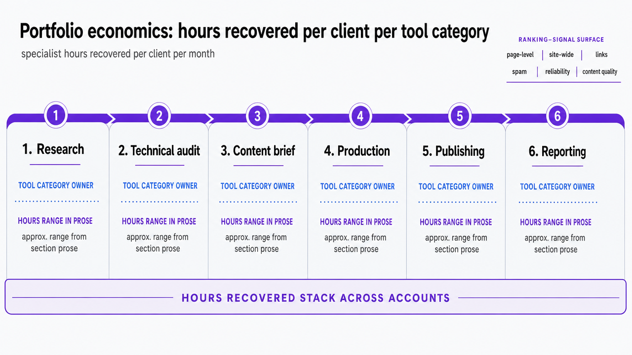 Map each tool category to the workflow stage it owns and the approximate specialist hours recovered per client per month, directly matching the ranges and stages described in the section prose