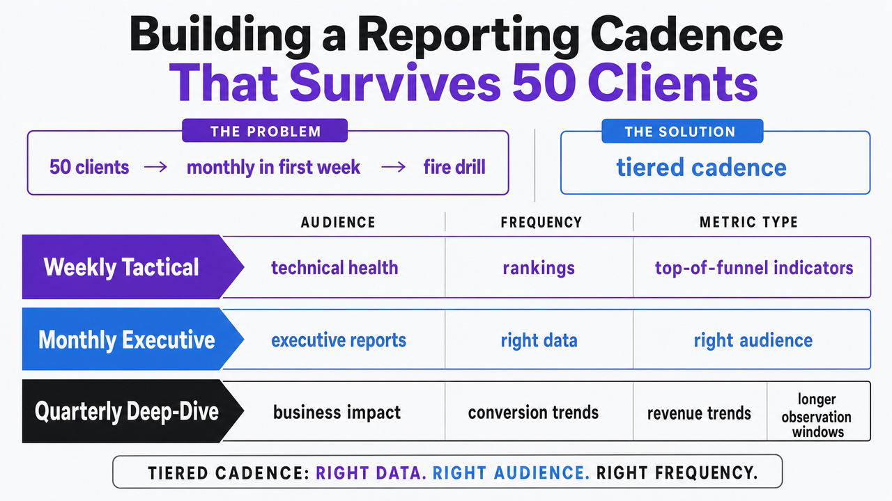 Process infographic showing the three-tier reporting cadence (weekly tactical, monthly executive, quarterly deep-dive) cited in the section from refs 7 and 8