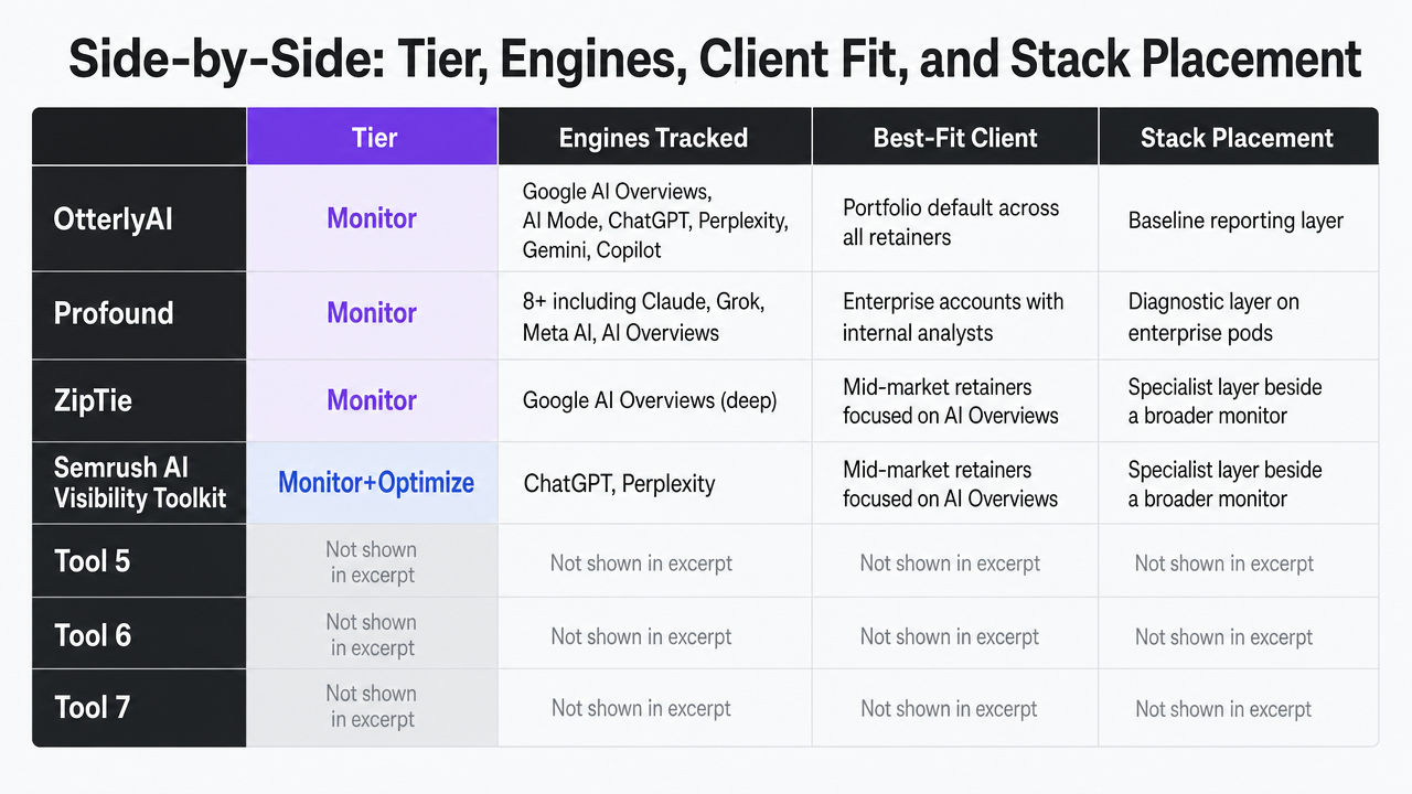 Provide a visual comparison matrix of the seven tools mapped to tier and engine coverage