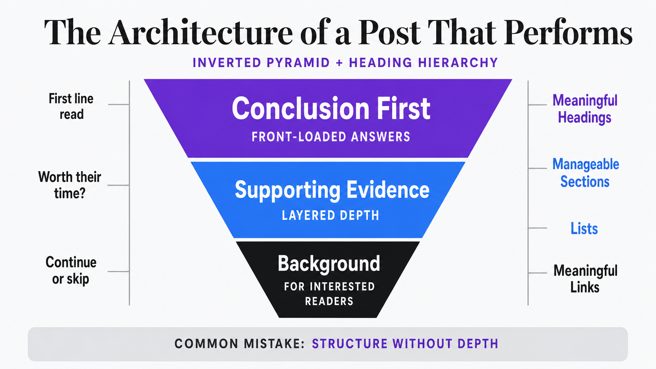 Visualize the inverted pyramid structure and heading hierarchy discussed in the section, giving readers a clear structural framework they can apply to their own posts