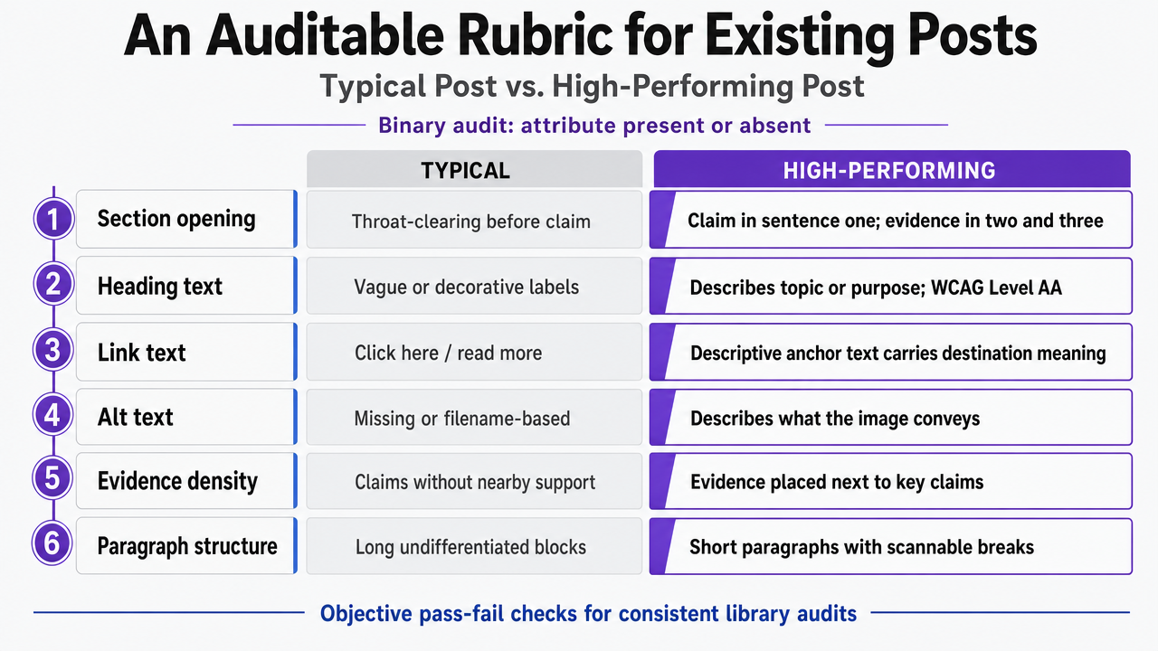 Reinforce the six-row binary audit rubric described in the section by presenting the Typical vs High-Performing attributes as a scannable visual checklist tied to the article's own guidance