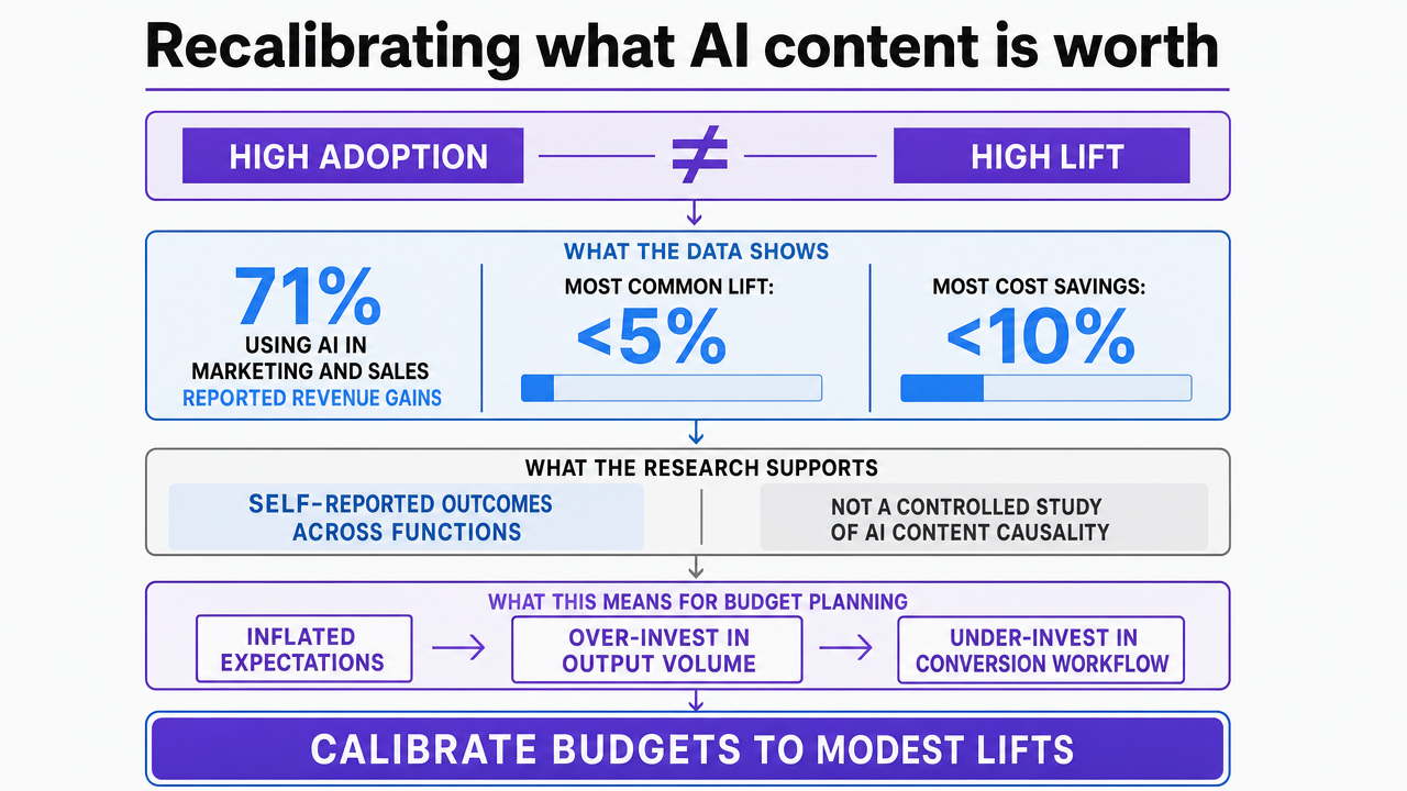 Anchor the section's central claim that reported revenue lifts from AI in marketing/sales are typically modest, giving readers a visual reference for budget calibration