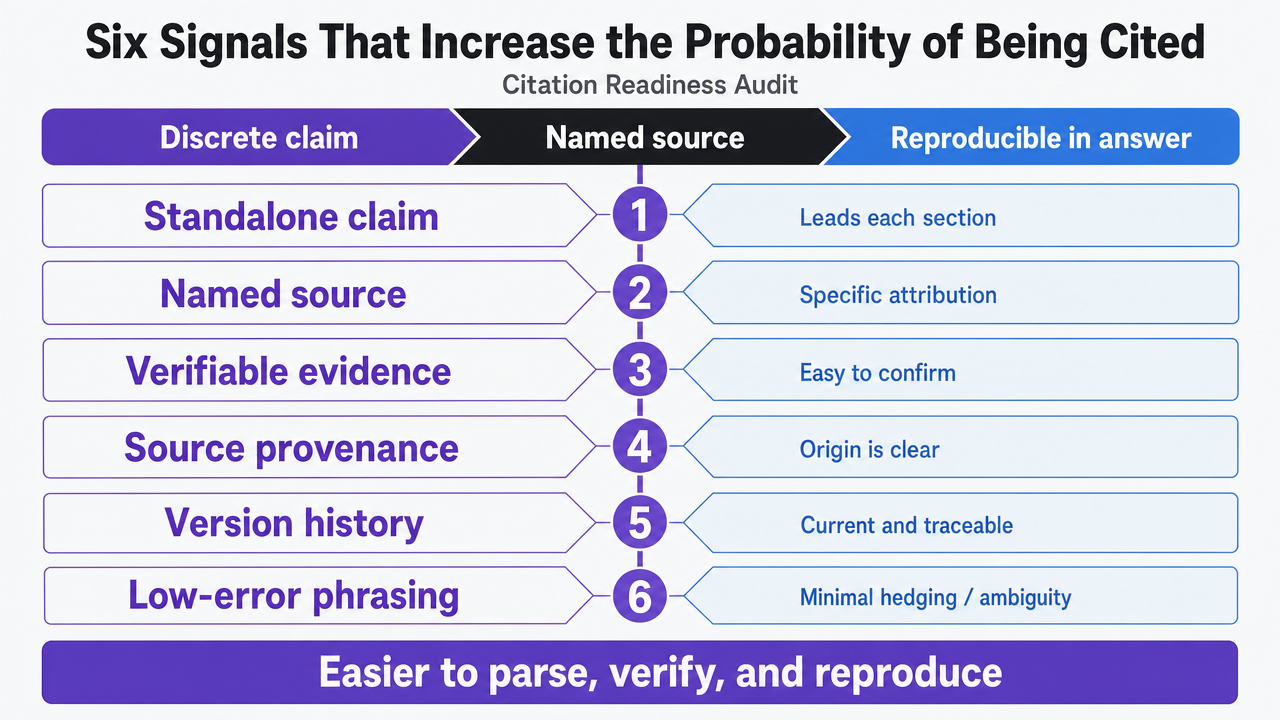 Visualize the six citation-readiness signals listed in the section as a structured rubric content teams can audit against